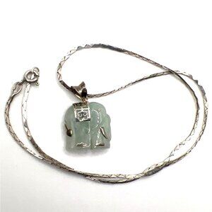 Jade Sterling Silver Elephant Necklace 925 Herringbone 18" Chain